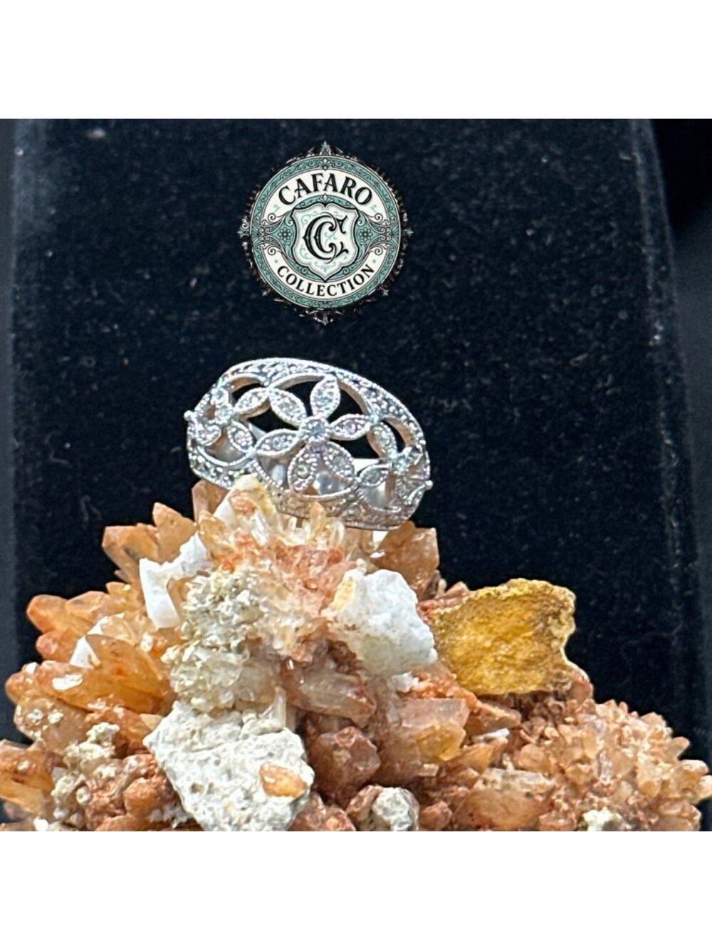Floral-Inspired Silver-Tone Crystal Ring Size 8+